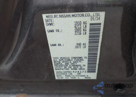 2014 Nissan Altima 2.5 Sv from USA, damaged, VIN 1N4AL3AP6EC424173
